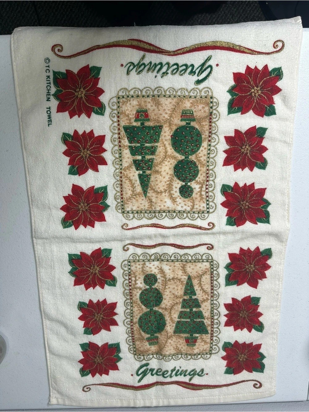 Vintage Christmas Poinsettia Kitchen Towel in White & Red
